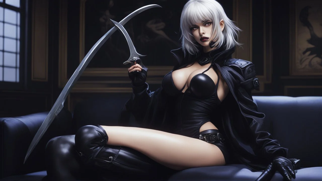 [masamune shirow's appleseed style] Laëtitia Milot as Dahlia Death, she is a pale brunette with black lipstick clad in a dark agent provocateur dress with a hoodie and a scythe. She sits on a sofa in a dark mansion