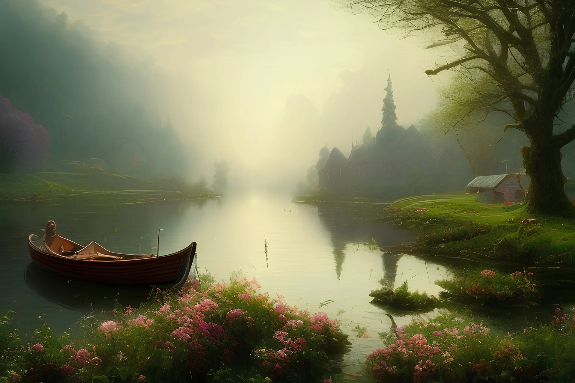 Peder Monk Monsted styl, trees, flowers, light, lake, boat