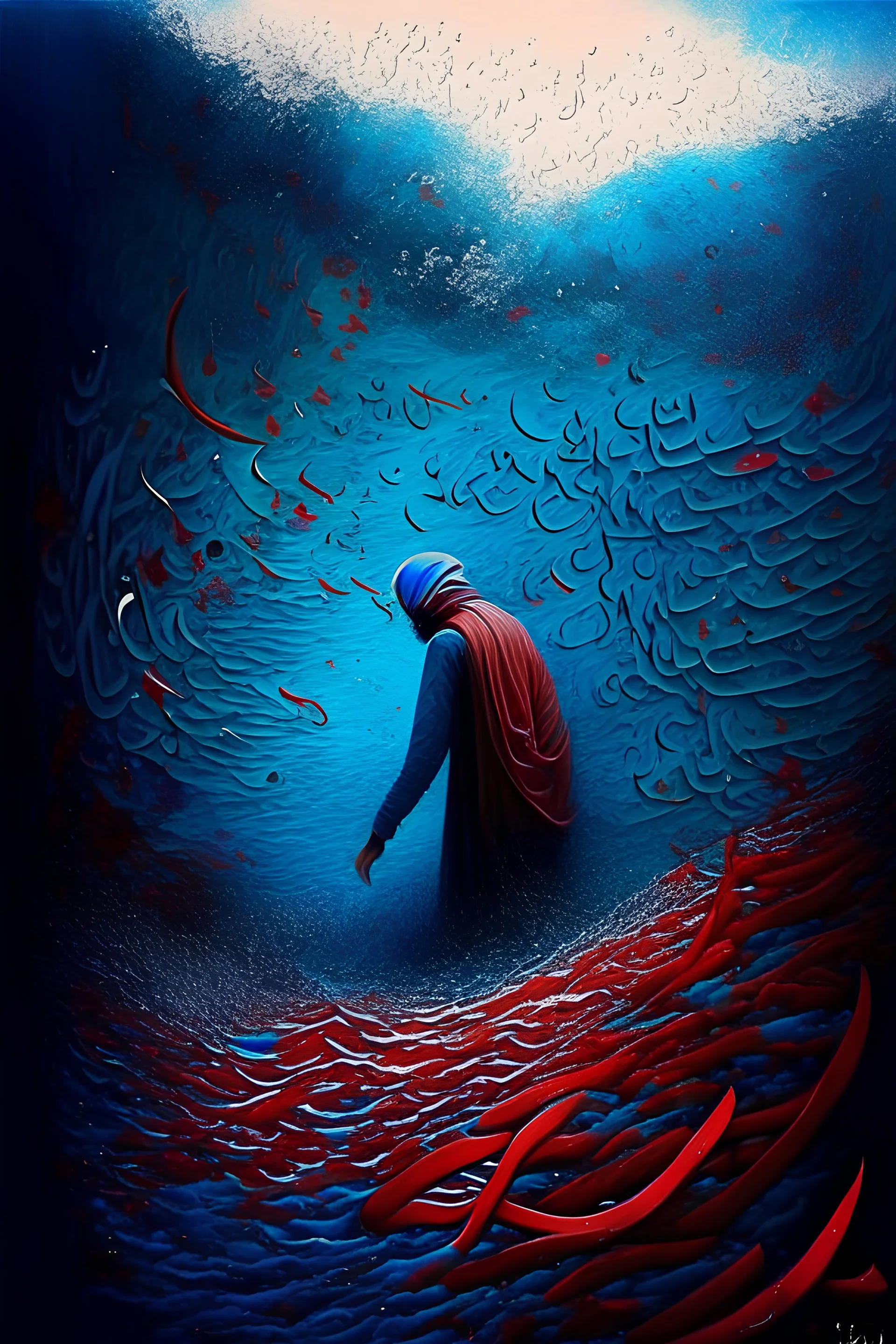 A person drowned in the depths of the seas of the imagination of Arabic poetry, surrounded by calm waves, scattering Arabic letters guiding him to the light, gradations of blue with gradations of red