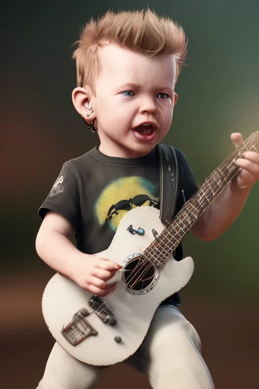 James hetfield toddler, full body, playing guitar, bokeh, hyper realistic