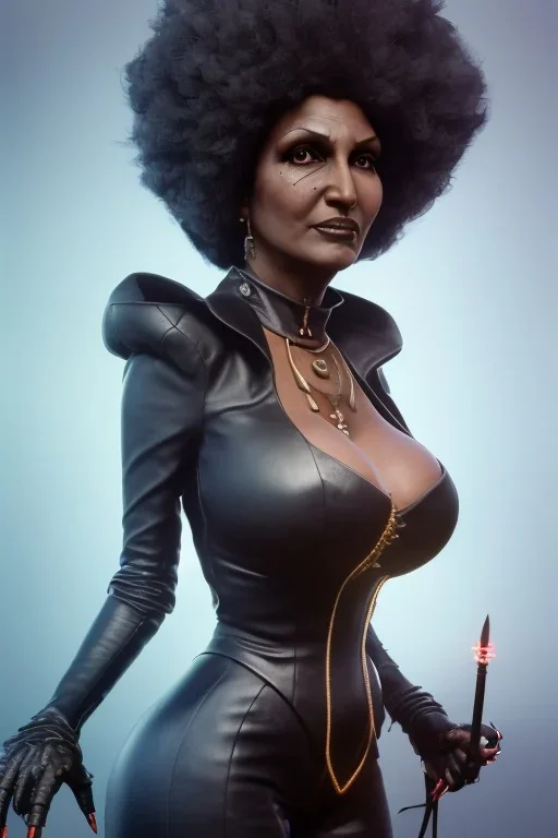 Pam Grier as evil queen in black leather, leather, busty, cleavage, angry, stern look. character design by cory loftis, fenghua zhong, ryohei hase, ismail inceoglu and ruan jia. unreal engine 5, artistic lighting, highly detailed, photorealistic, fantasy