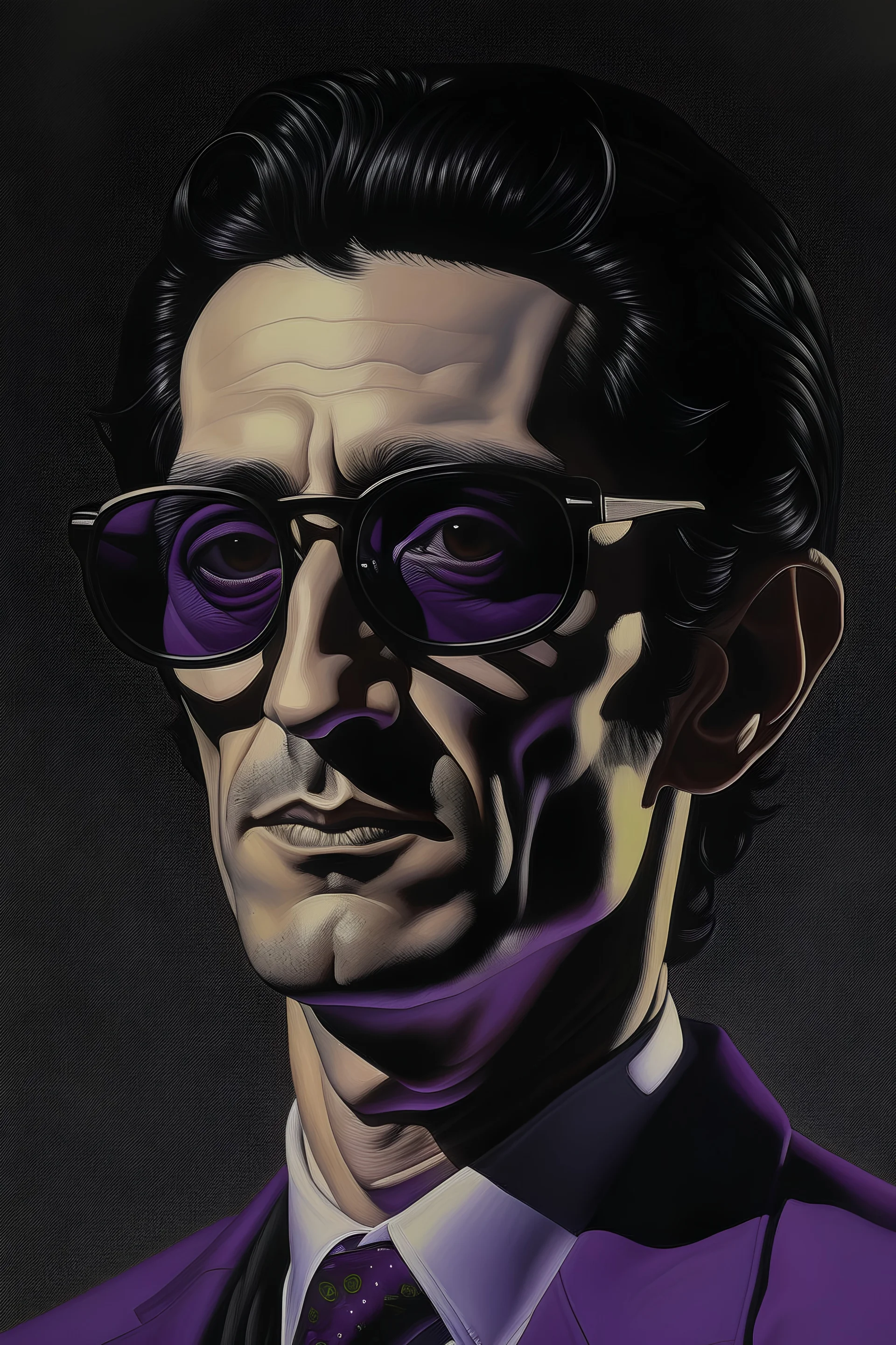 Portrait of a a very tall man with olive skin and black hair with purple shades combed back