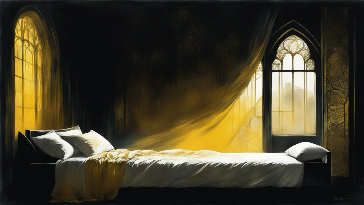 [art by Dave McKean] n the opulent chamber of the castle, the princess lay ensconced in the silken folds of her bed, the morning sun casting a golden glow upon her delicate features. Her ebony locks cascaded like a river of shadows across the pillows, framing her porcelain skin in a stark contrast of light and dark. As she lingered in the realm between sleep and wakefulness, the distant clamor by the window stirred her from her languid repose. With a languid grace, the princess rose from the bed