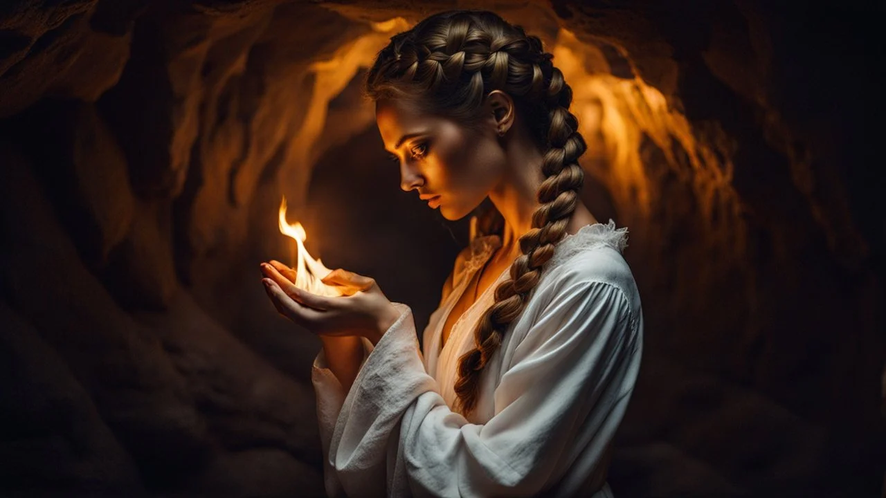 a sad woman with brown braided hair in profile in a scary cave, holding a flame in her palm in a white vintage long-sleeved nightgown, the inside of the cave is illuminated by the flame with yellow light,, close shot, detailed, high realistic, perfect photo, dramatic, dark fantasy