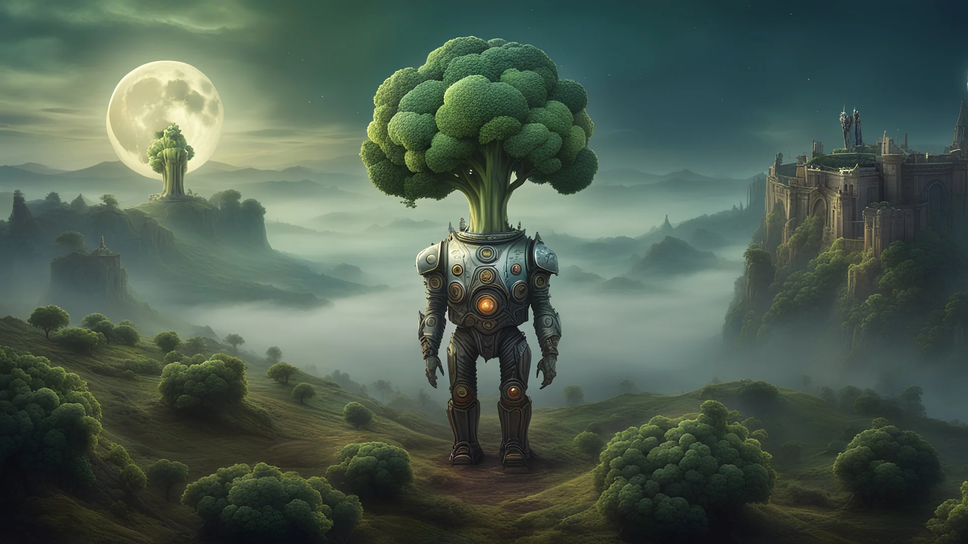 A moon that looks like a happy origin head broccoli funny above a landscape, a robot in a ragged dress looks up in the distance, fog, and intricate background HDR, 8k, epic colors, fantasy surrealism, in the style of High Renaissance