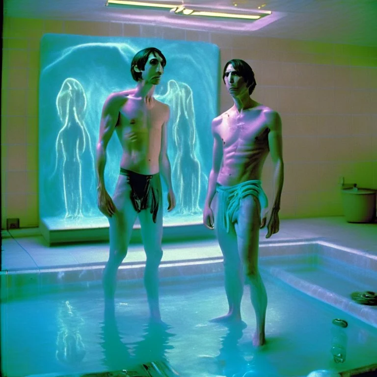 Justin long and his mus boyfriend are standing above thier pool showered spa heater while in tight loincloths and Nickolas is flexing there muscles while illuminated by the ambient teal glowing on the glowing marbled floor made of long flat marble slabs, the ground next to the clinical yard is in the style of primitive art. metalworking mastery, fawncore, the immaculately composed quality of this photo shows the artist was taken with provia, detailed wildlife, isaac grünewald, rustic simplicity