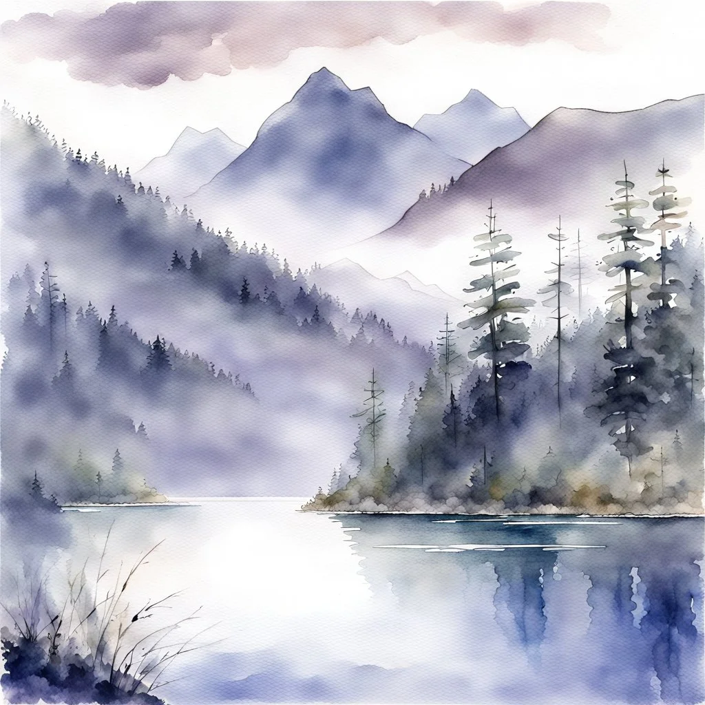 early morning on a secluded forest lake, wooded mountains shrouded in clouds, misty foggy mood, fine art watercolor painting