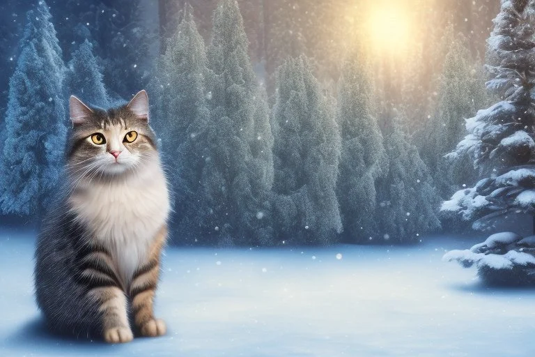 Cat in Wellensteyn coat, winter forest, pine trees, snowing, in sunshine