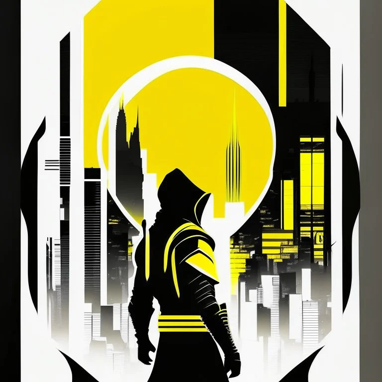 Ilustración minimalista de un ninja arte nouveau neón lineal color negro blanco y amarillo calidad ultra fondo ciudad