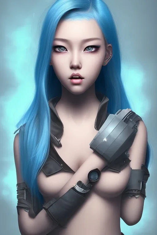 k-pop girl, dramatic lighting, blue hair, hd