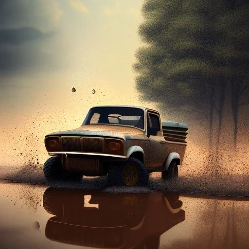 hyperrealistic shot, off-road truck, earth color palette, sharp focus, puddle reflection, tire water splash, refraction, rain and lightning on the horizon, shadowcast, detailed and intricate, cinematic composition, micro, tilt shift photography