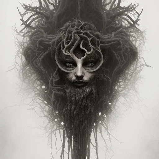 magnificient black medusa, 3d spray paint, chalk, grey background forest, magic light fountain