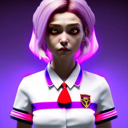 waitress vampire teenager, rounded face, pink hair, color cheeks, striped shirt, color ambient light, vibrant color, highly detailed, art stations, concept art, smooth, 16 bit, unreal engine 5, god rays, ray tracing, RTX, lumen lighting, ultra detail, volumetric lighting, 3d, finely drawn, high definition, high resolution.