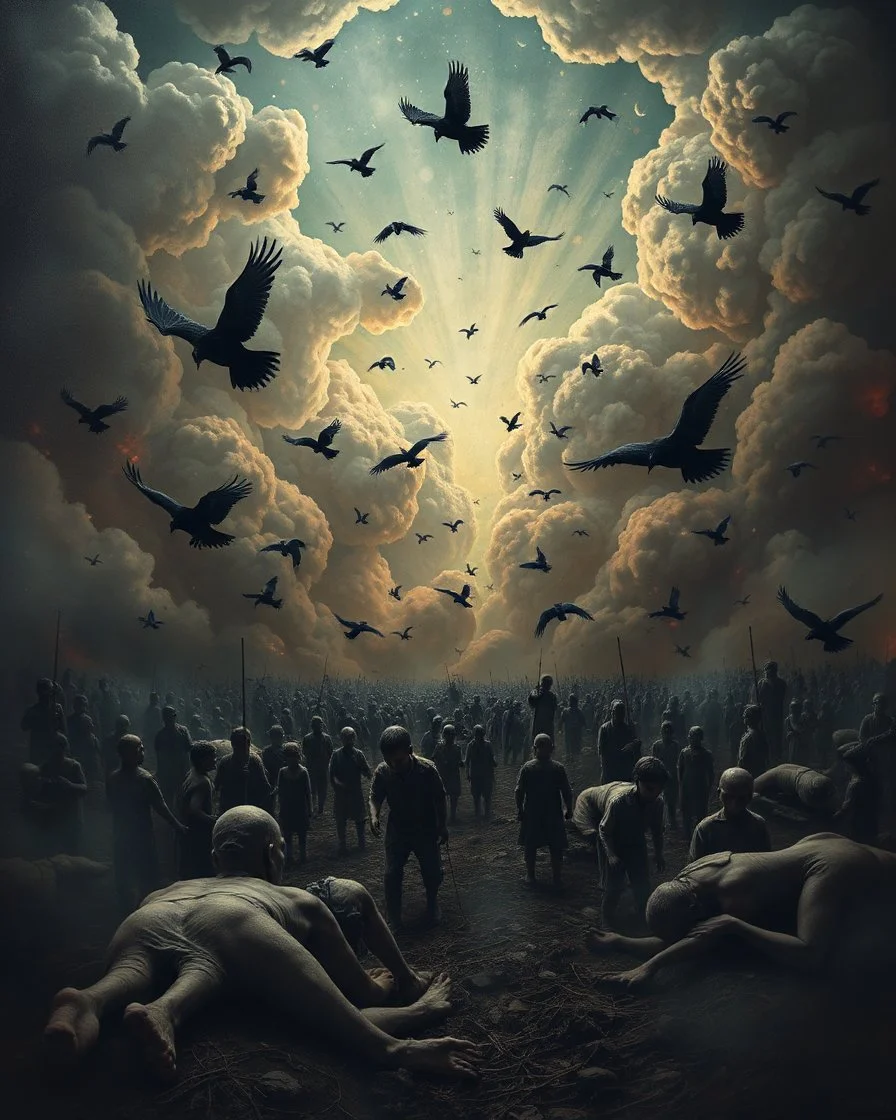 Bosch painting style, nightmare , people suffering in hell , dramatic, great quality picture with cinematic scenes , show only heavy clouds in the background, many dead bodies like stars in the sky , children’s and black birds fill the backgrounds