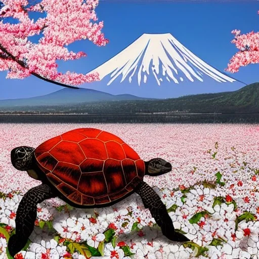 Turtle and Mount Fuji and cherry blossoms