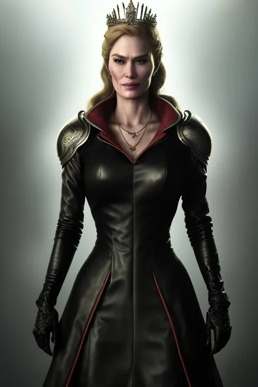 Cersei Lannister as evil queen in black leather coat, busty, cleavage, voluptuous, lena headay, angry, stern look. character design by cory loftis, fenghua zhong, ryohei hase, ismail inceoglu and ruan jia. unreal engine 5, artistic lighting, highly detailed, photorealistic, fantasy