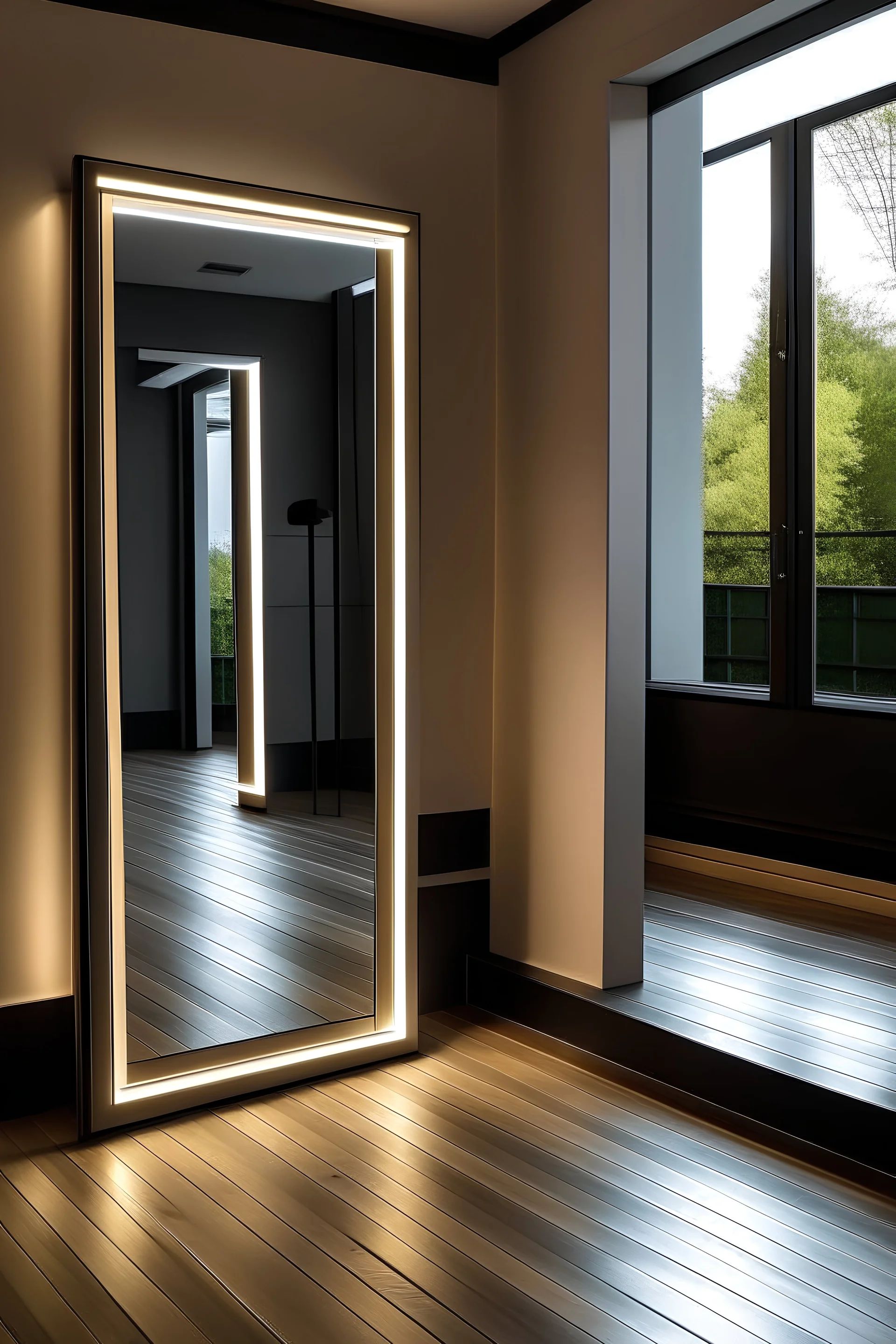 Bedroom with horizontal rectangular shaped standing mirror with white led lights around it.