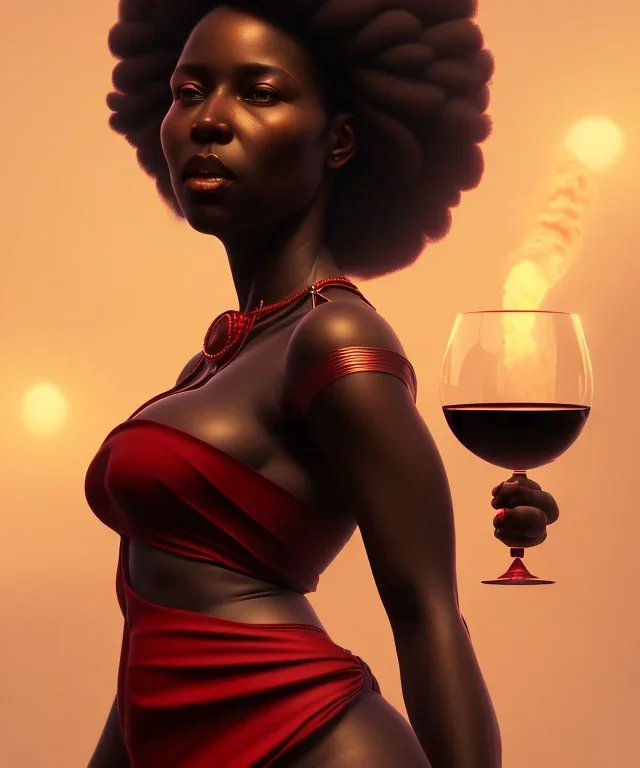 Negra Francisca, beautiful, curvy body, mature African slave, simple red fabric dress, beautiful long black hair, red headband, head and shoulders portrait, holding glass of wine, 8k resolution concept art portrait by Greg Rutkowski, Unreal Engine 5 volumetric lighting