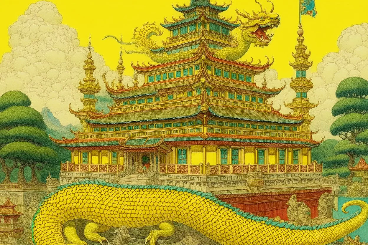 A palace with a yellow thunder dragon on top painted by Qiu Ying