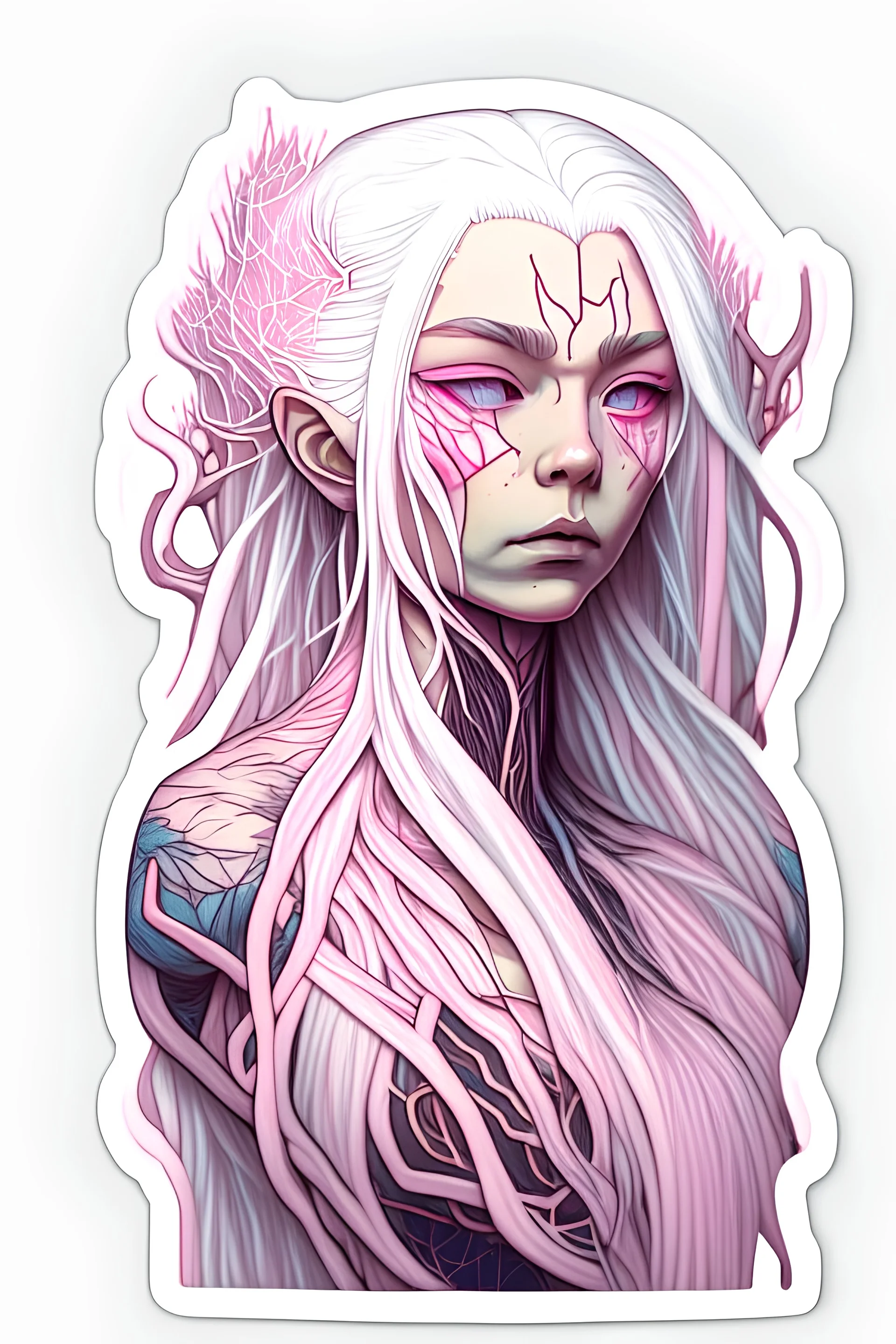 a sticker of a woman with a long white hair and a veins connected to hair and head, dan mumford and alex grey style, trending on artstaion, pink skin, portrait of anime woman, inspired by Karol Bak, porcelain looking skin, connectedness, twitter pfp, yosuke ueno, blonde girl, anatomically perfect, biopunk armor