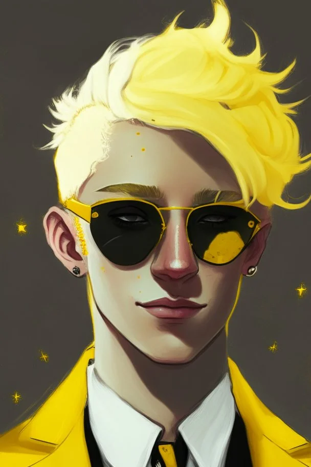 Realistic young man with fluffy yellow hair, big black eyes, yellow freckles, small black earrings, smirk, dark beige kin, yellow tuxedo, yellow star sunglasses on head