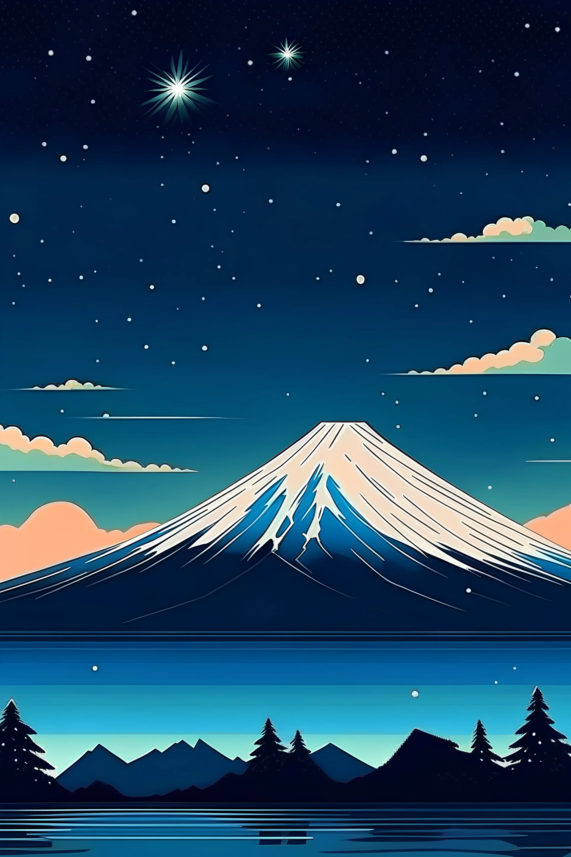 Mount Fuji in the horizon with a stary sky a illustrated image