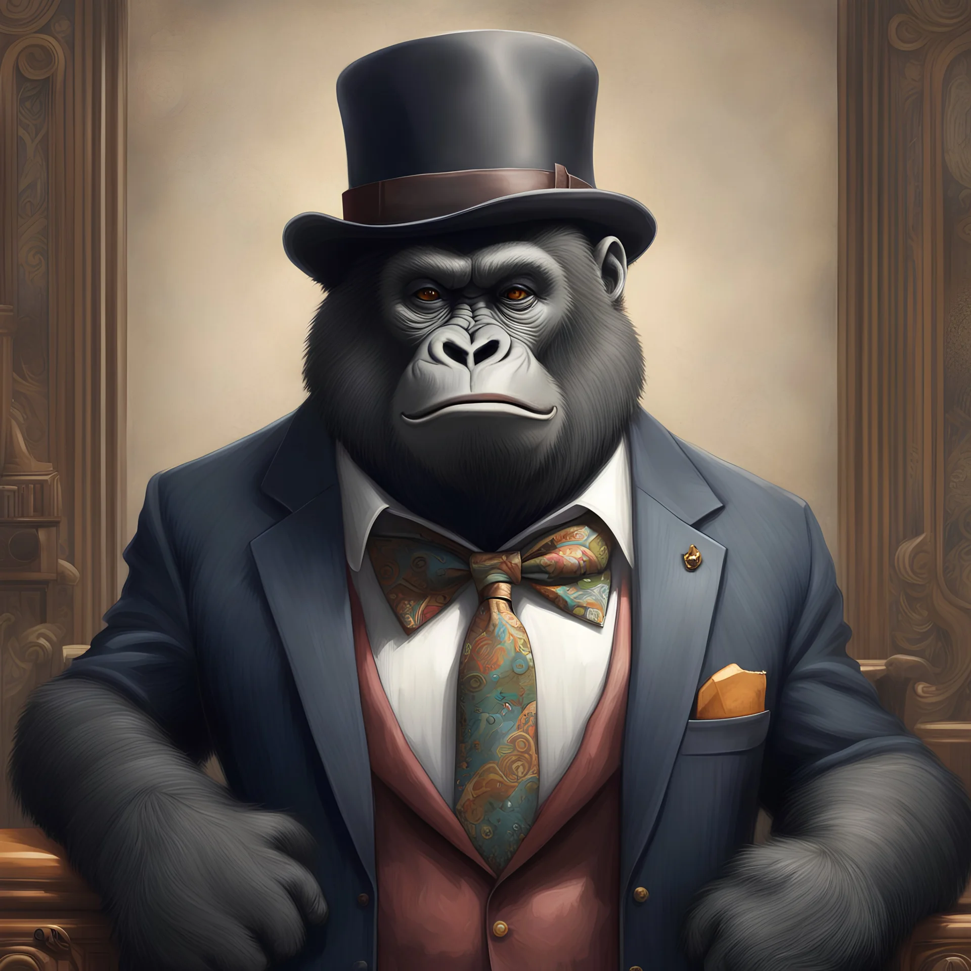 A burly gorilla in mobster suit and fedora, cgsociety, cloisonnism, detailed painting, full of details, high detail, cgart