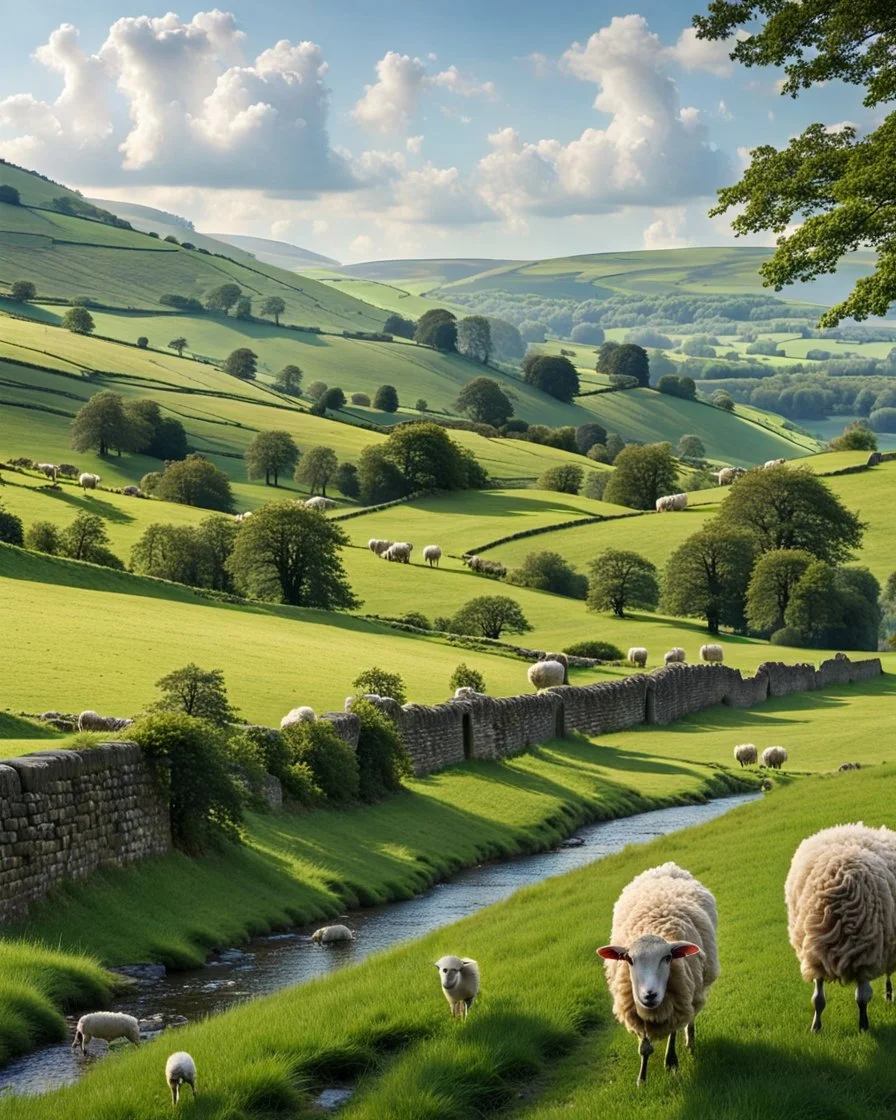 beautiful rolling hills and fields, with stone fences, small stream and sheep, of the Bakewell in England. Gorgeous lush green grass and trees.