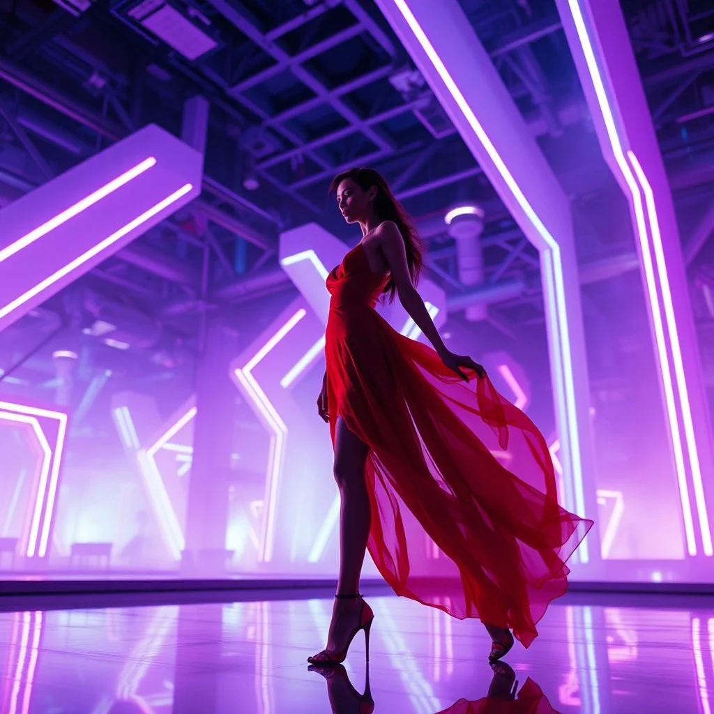 An ethereal fashion shot featuring a bold red silhouette against a complex futuristic architectural backdrop. Soft purple and blue ambient light fills the space, creating a serene yet high-tech mood. The model's graceful pose contrasts with the sharp, geometric neon structures. Dreamlike atmosphere with soft-focus reflections on a mirrored floor.