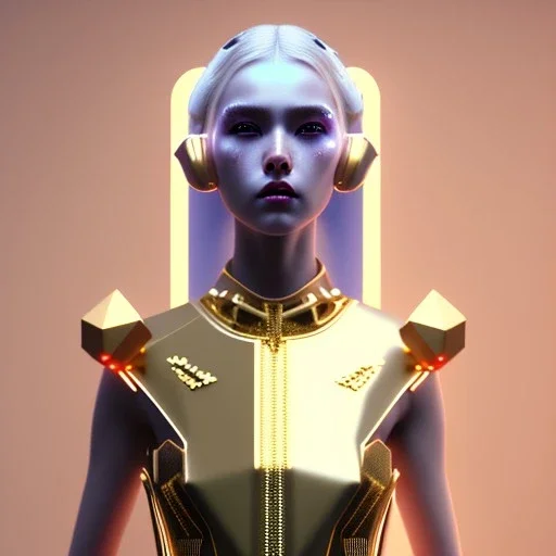 Cyber teenager, fluoride makeup, blonde, geisha style hair, white skin, pattern dress, velvet, gold, cyberpunk style, purpurin, highly detailed, art stations, concept art, smooth, unreal engine 5, god rays, ray tracing, RTX, lumen lighting, ultra detail, volumetric lighting, 3d, finely drawn, high definition, high resolution, gradient background