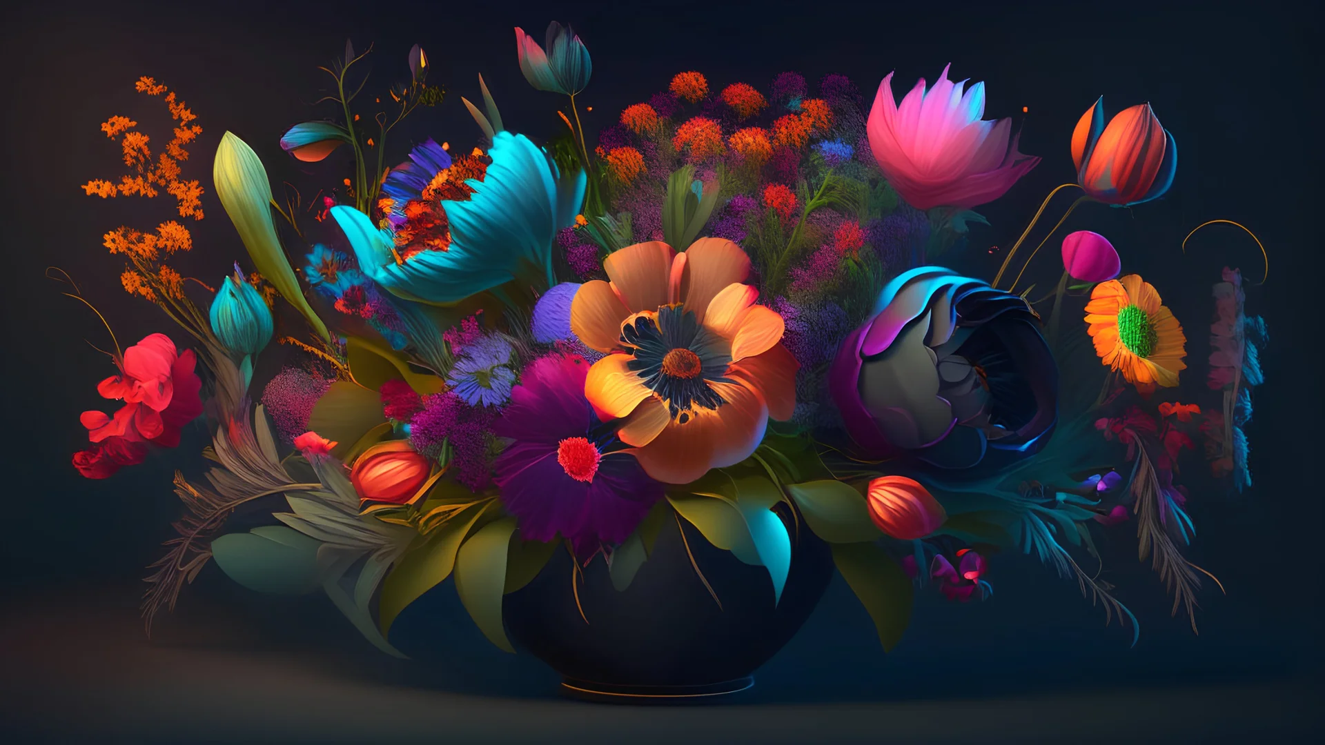 Generate an illustration of a whimsical floral arrangement with unique and exotic flowers in vibrant colors, set against a dark background to create contrast. realistic, centered, digital painting, artstation, concept art, Breathtaking, 8k resolution, extremely detailed,3d rendered