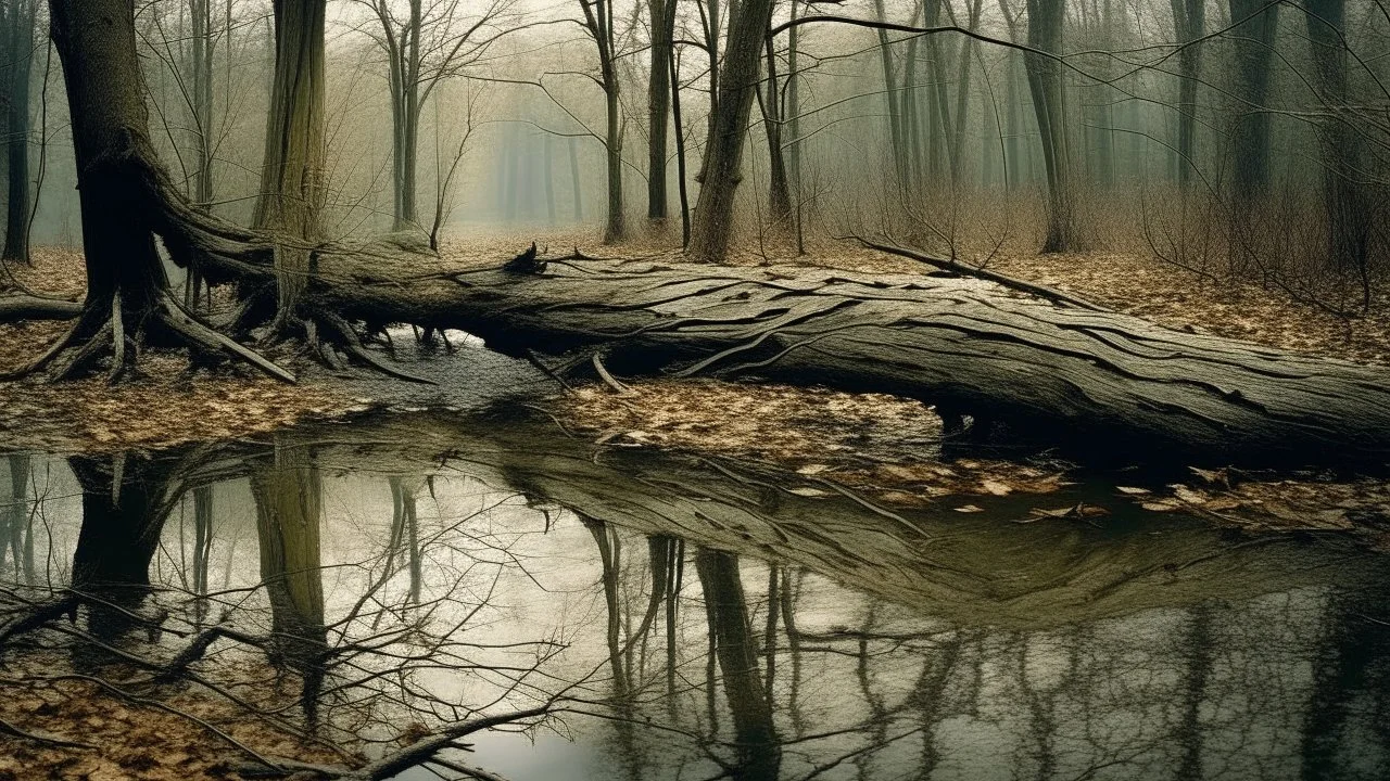 Paint of A fallen tree trunk spans a calm body of water in a forest clearing. The tree is bare of leaves, its branches reaching out over the water. The water reflects the bare trees and the overcast sky. A path winds through the trees on the right side of the image. The overall mood is somber and quiet, with muted colors and soft lighting.