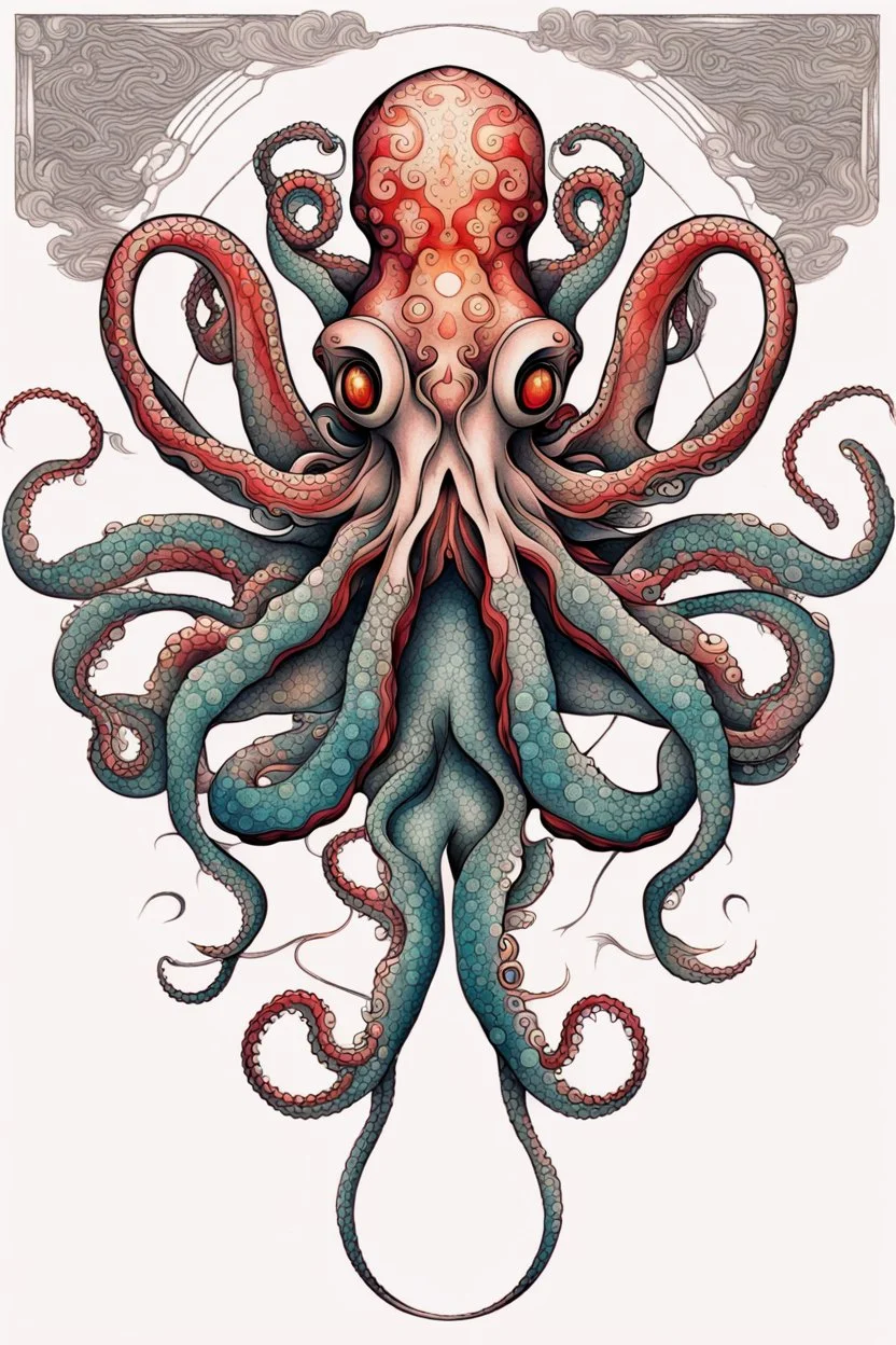 Create a captivating modern 2d colorfull ink tattoo design for print , prestigious (Japanese Octopus) using the elegant influences of japan art style, for print, dynamic elements from fashion and design, and bold Japanese contemporary art aesthetics, framing centered in the center, distanced from the edges of the paper perimeter, perfect anatomy, bauhaus, Divine Proportion,