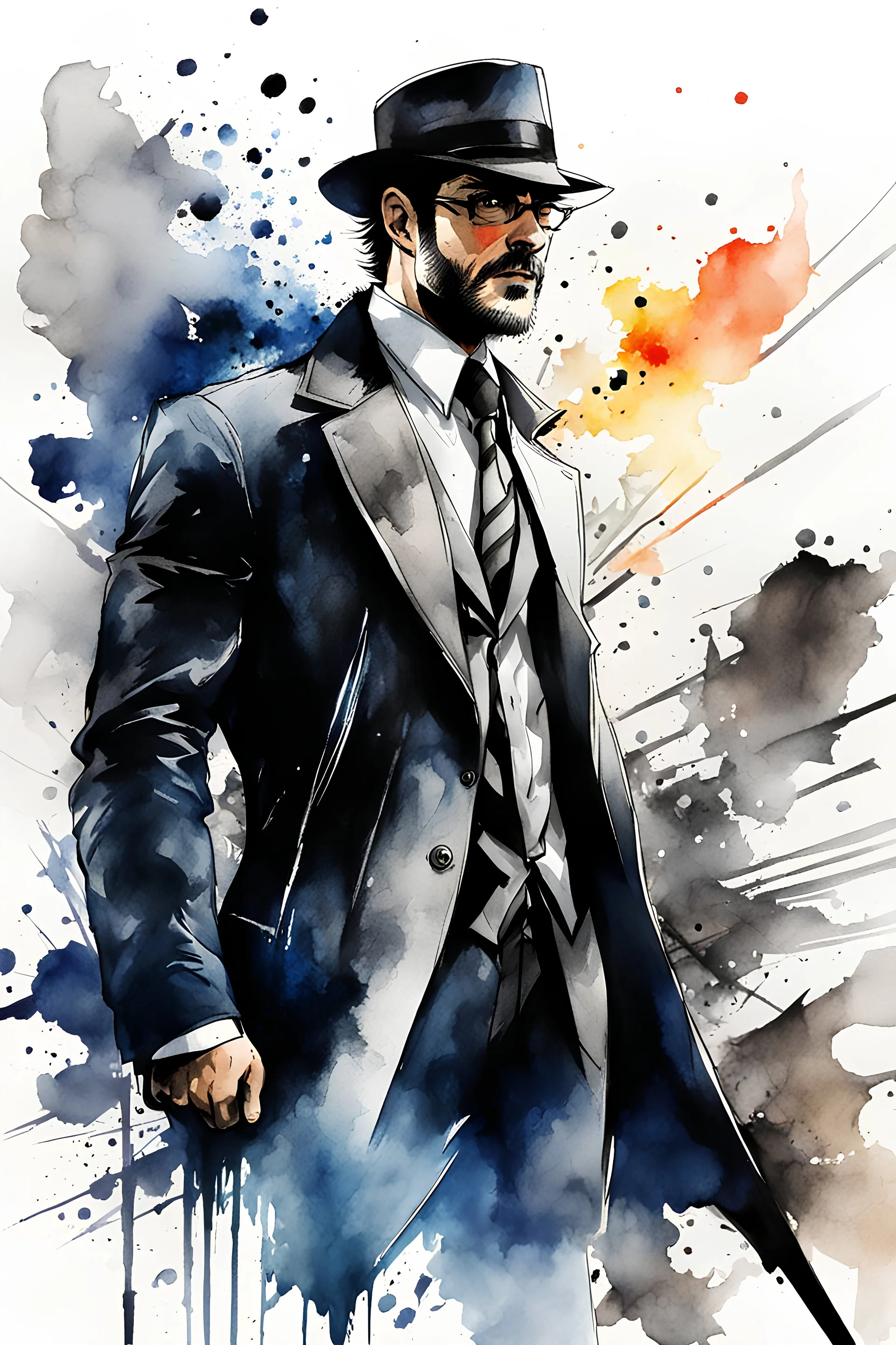 man, detective, create in inkwash and watercolor, comic book art style