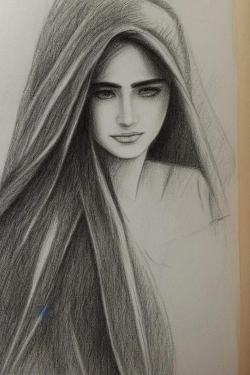 Pencil sketch of Young woman look through the window , Arab features,sad, long wavy hair, full body، on lined paper