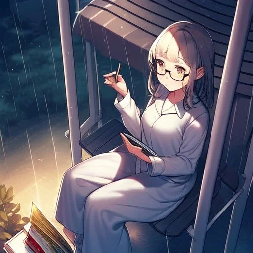 anime girl sitting on a porch swing of an old house, journaling, wearing pajamas, writing in a book, shes watching it rain, more detail on hands and her face,shes deep in her thoughts, wearing glasses, rain drops, she has a pencil in her hand and is writning in the book, she is looking down at what she is writing, lightning, she is writing something in a book, eyes are pointed down