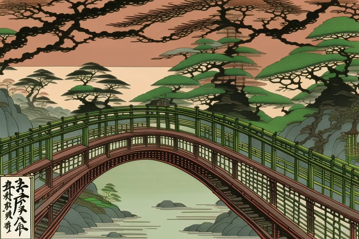 A bridge near a graveyard painted by Utagawa Hiroshige