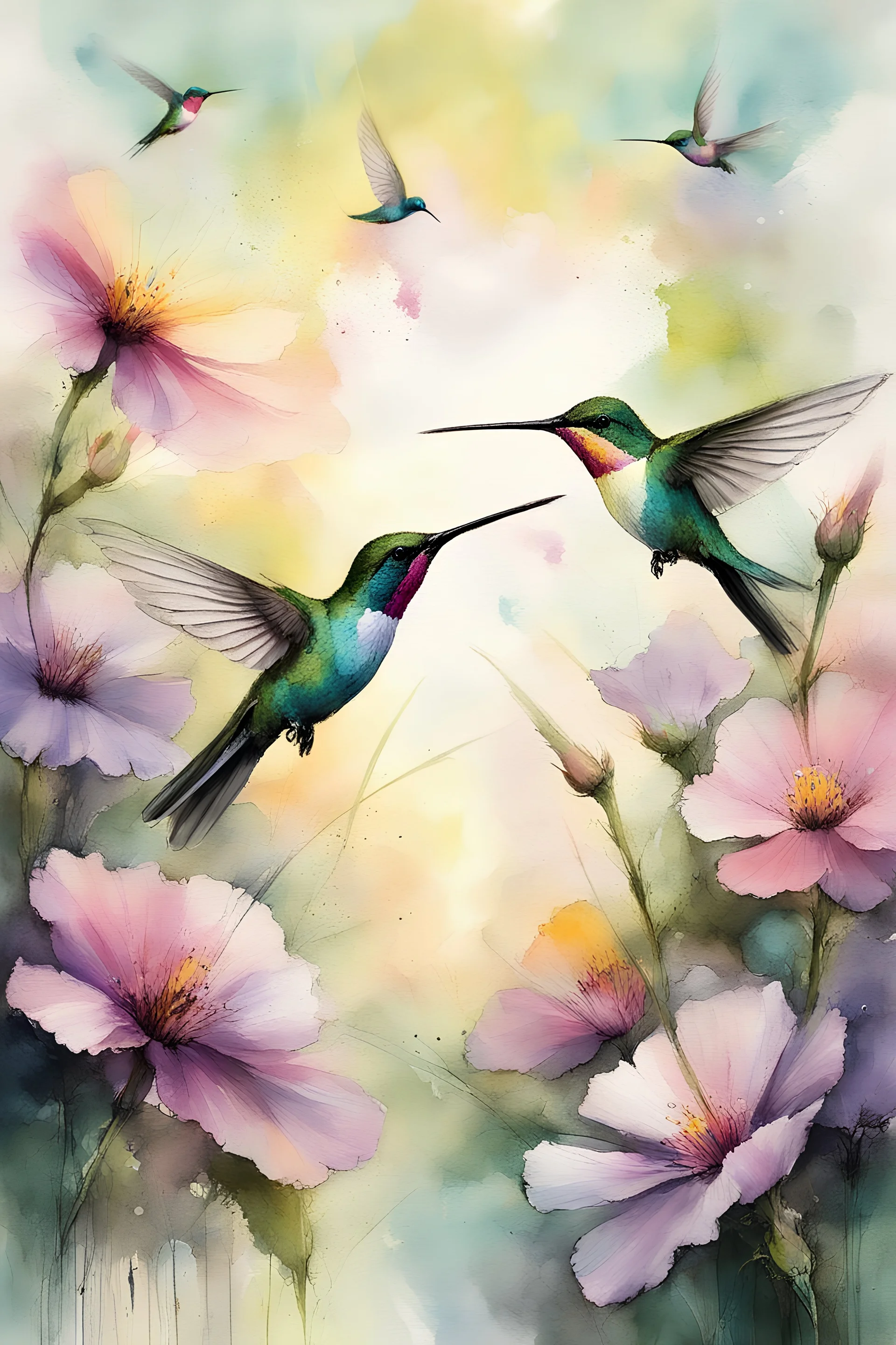 pastel painting of a close up of hummingbirds hovering around a beautiful bright flower in a flower garden, sunrise. soft muted yellows greens light_blues violets and pinks, watercolor, by Russ Mills, complimentary pastel color scheme, dramatic, stunning nature interaction, by Ansel Adams and Robert Havel Jr., impressionism