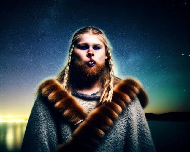 a sad and lonely viking looking up at the stars at night, hyper realistic, 8k, insane detail, atmospheric background, crying eyes, big fur coat, long braided hair, sharp focus, soft background, dynamic lighting, viking helmet, night time, sad mouth, sad eyes,