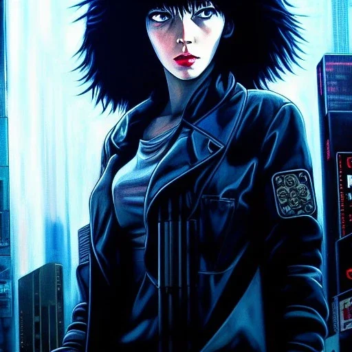 fullbody portrait in oil on canvas ,beautiful female robot, ominous, intense stare, sad eyes, post-apocalyptic in a cyberpunk city, ghost in the shell, Akira, BladeRunner movie poster, masterpiece, realistic, intricate detail, sci-fi fantasy style, volumetric lighting, particles, highly detailed ,cinamatic , deep colours,8k, by Caravaggio