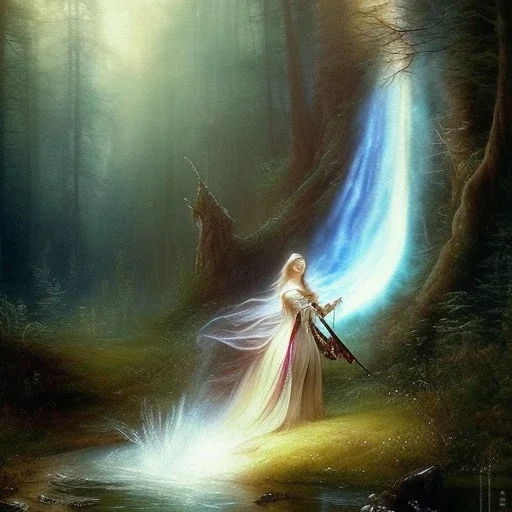 romantic fantasy spray painting, william Turner, watercolor, dark robed poet playing lute for an elf in magical winding forest, waterfall, movie poster