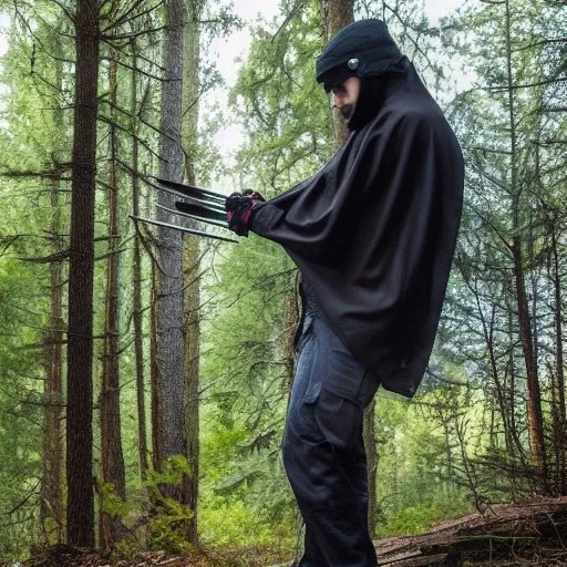 medium build guy throwing knives, while wearing a poncho, has light facial hair in a forest, next to a lake