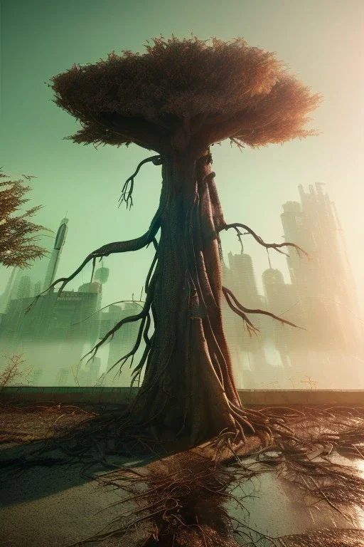 Cyberpunk theme, portrait of Oak tree roots holding man inside, misty sunny day, close-up portrait, symbios