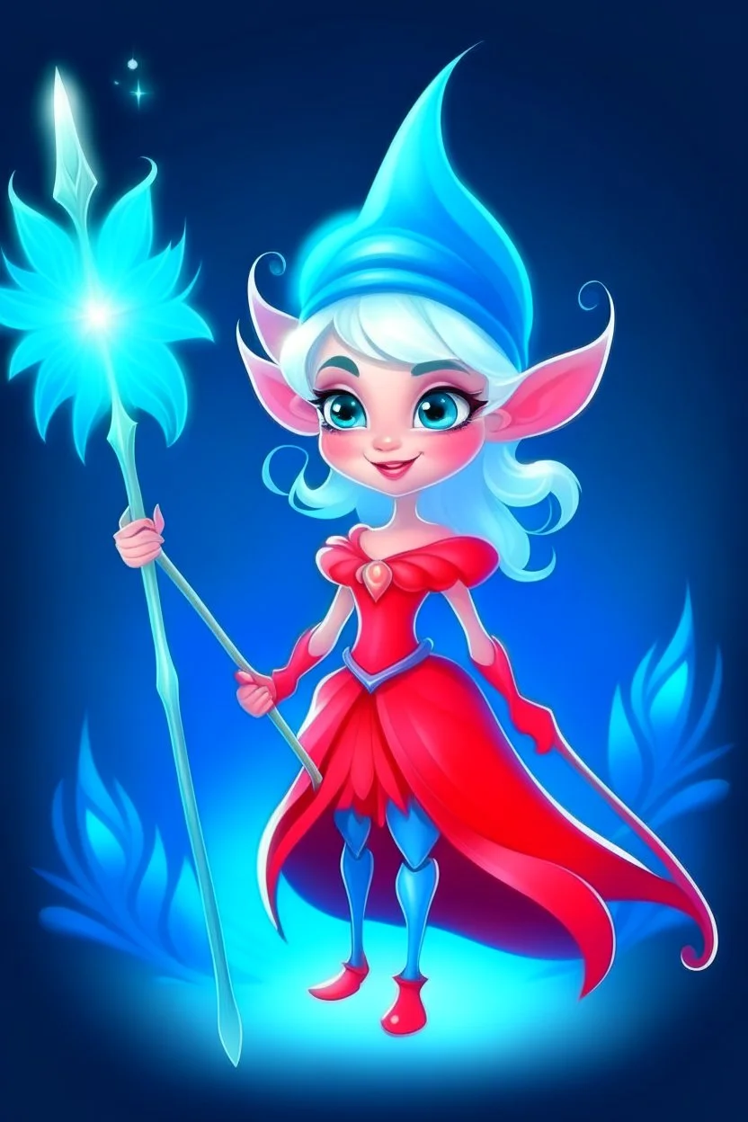 fantasy cartoon style illustration: mischievous ice fairy with shiny red magical wand