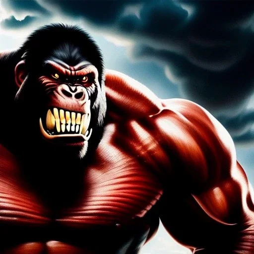 Ultra detailed fullbody Portrait in oil on canvas of King Kong merges with red Hulk ,intense stare,extremely detailed digital painting, extremely detailed face,crystal clear Big eyes, mystical colors ,perfectly centered image, perfect composition, rim light, beautiful lighting,masterpiece,8k, stunning scene, raytracing, anatomically correct, in the style of robert e howard and Ken Kelley and Ohrai Noriyoshi and Simon Bisley and tomzj1