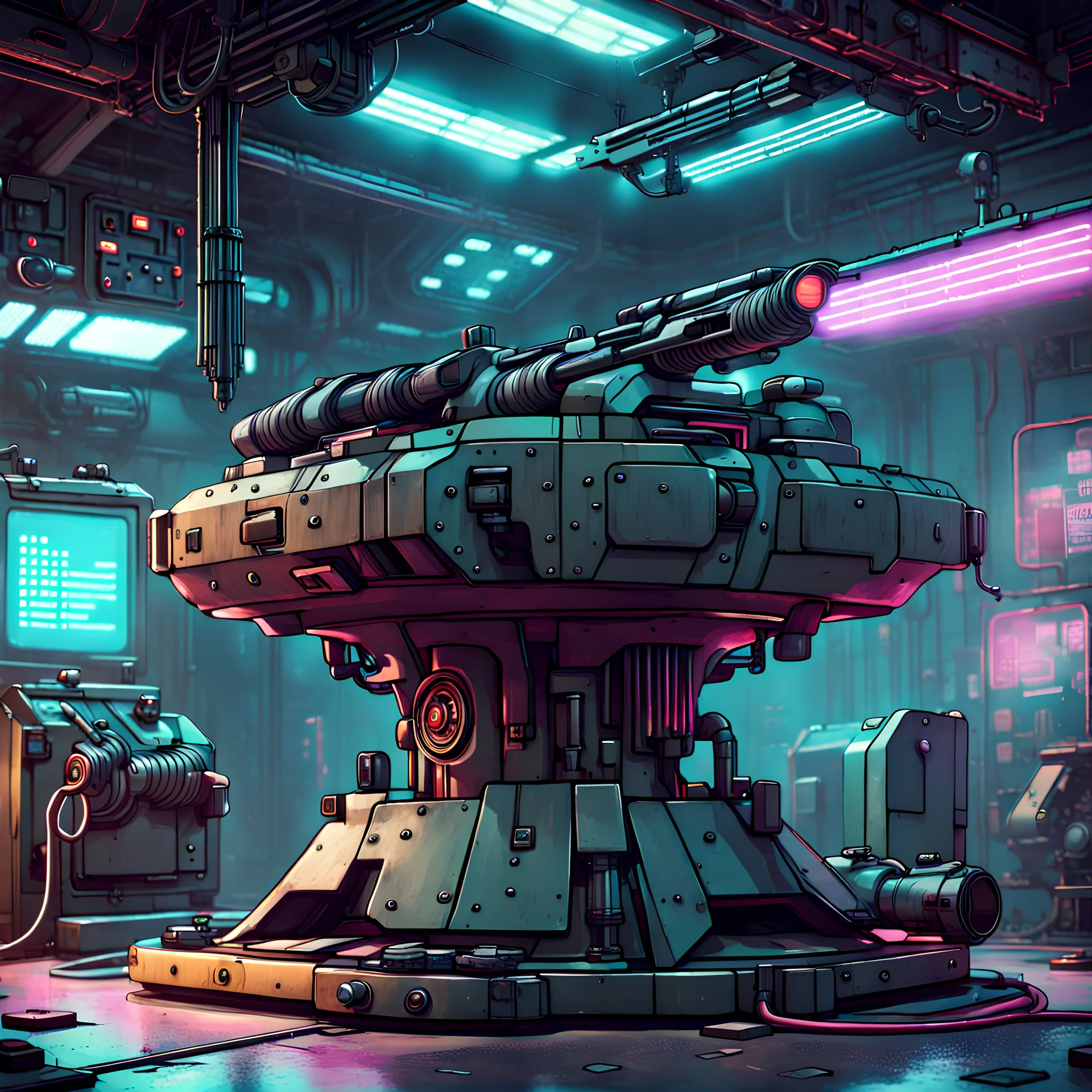 machine gun turret in a repair station, cyberpunk style