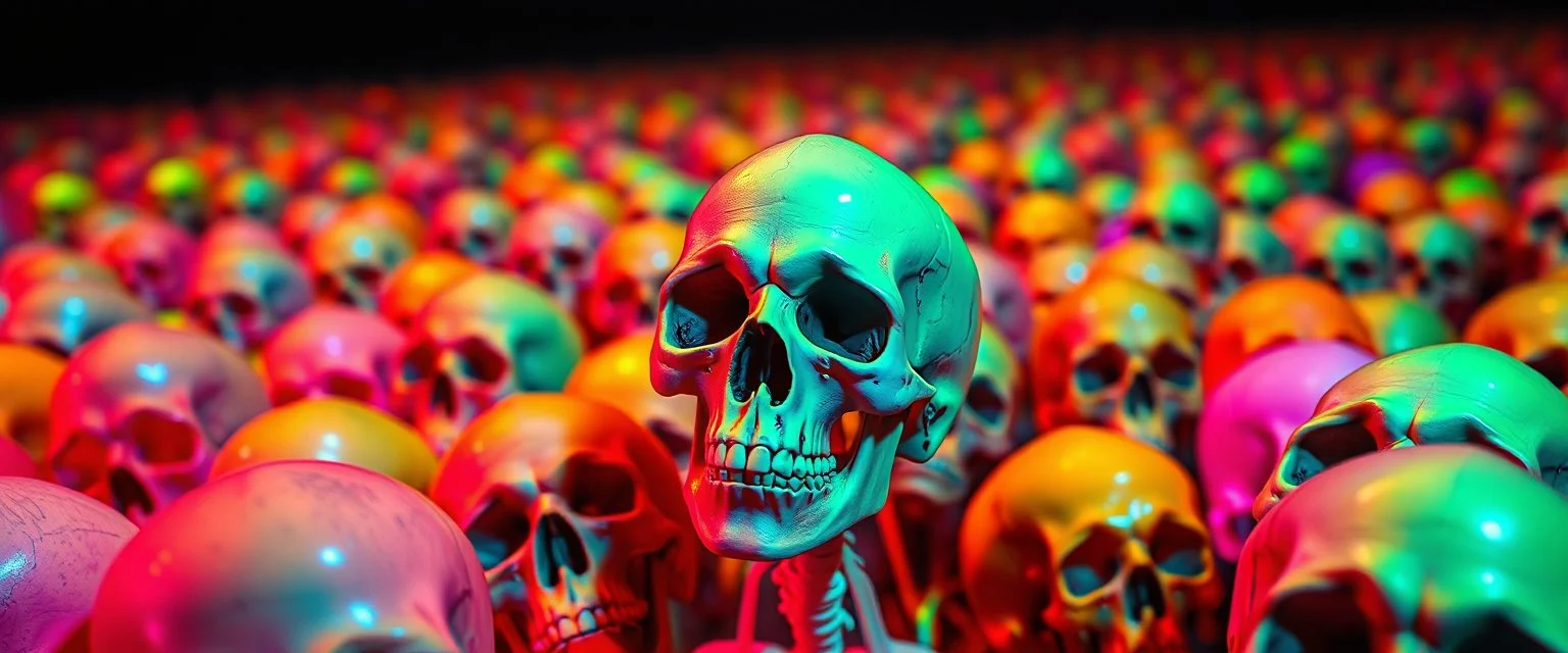 a field of 1000s of psychedelic psilocybin induced anatomically correct, skulls, vivid RANDOM BRIGHT neon colors, dark comedy, well lit, high detail, photorealistic, horrorcore, fun, scary, none featured, each a different color or hue,