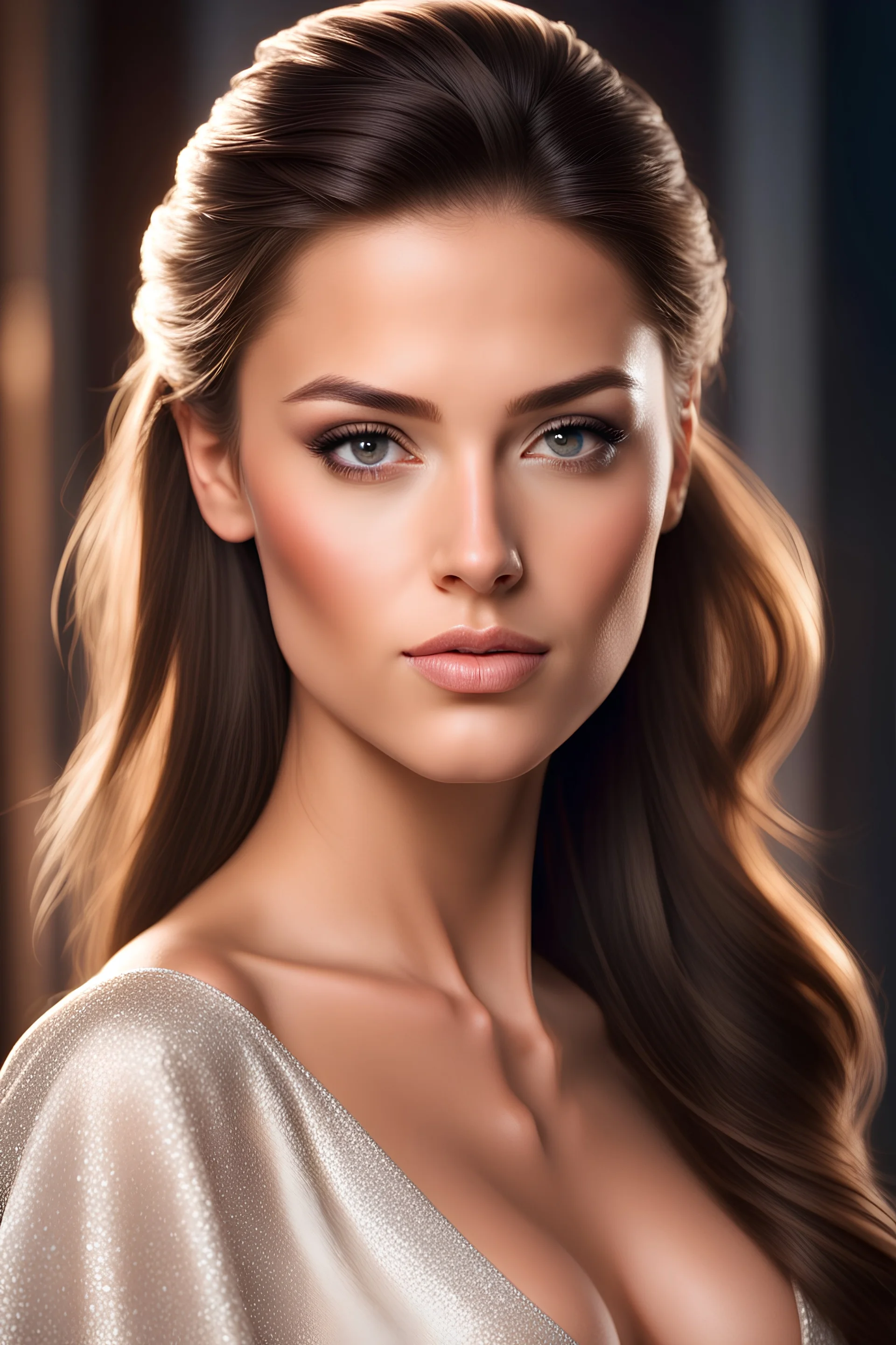 amazing portrait of a beautiful brunette woman in a dress, straight hair, (ponytail), great facial feature, perfect eyes, ultra realistic eyes, perfect face, perfect body, cinematic, neutral posing, realistic hair, ((Perfect Face)), ((Sexy Face)), medium shot portrait, Photograph, photorealistic, (Looking at Viewer), artgerm, cinematic lighting, very high detailed, foggy background, ((facing forward)), ((jade nile)), ultra real, ultra detailed, lifelike, studio photo