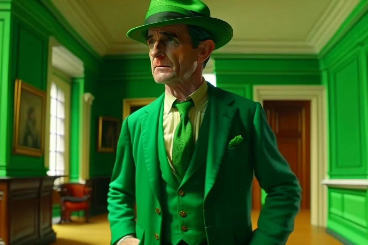 ww1 rich archeologist with green suit talking close-up standing up looking to the camera, inside mansion room background, normal collor pallete