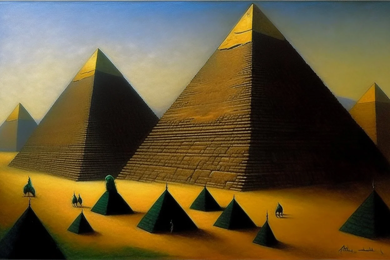 Pyramids with scarabs on them painted George Seurat